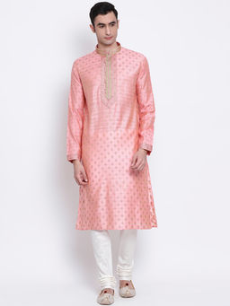 Sanwara - Men Pink and Off White Color Silk Blend Kurta And Pyjama (Set of 2)