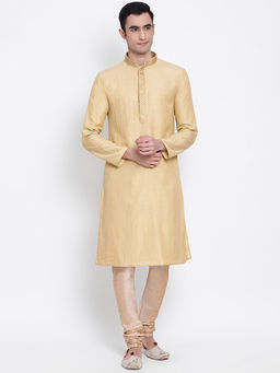 Sanwara - Men Deep Beige and Beige Color Silk Blend Kurta And Pyjama (Set of 2)
