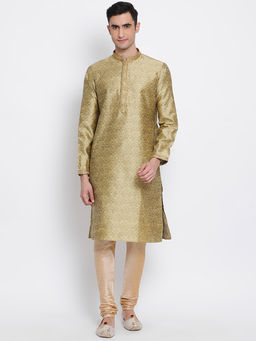Sanwara - Men Gold and Beige Color Silk Blend Kurta And Pyjama (Set of 2)