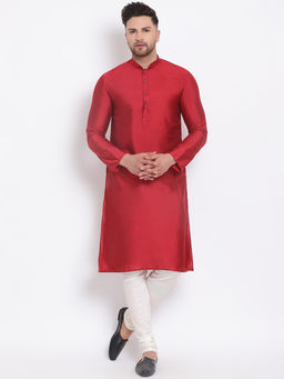 Sanwara - Men Maroon and PS OFF WHITE Color Cotton Silk Kurta And Pyjama (Set of 2)