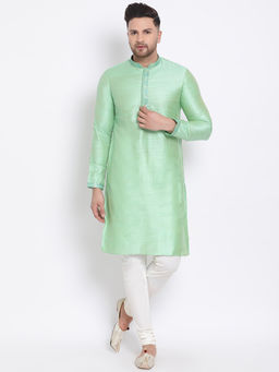 Sanwara - Men Pista Green and OFF WHITE Color Silk Blend Kurta And Pyjama (Set of 2)