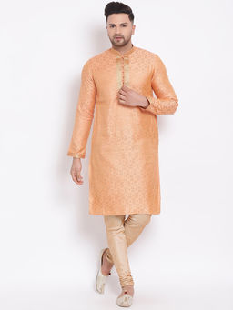 Sanwara - Men Tender Peach and Deep Beige Color Silk Blend Kurta And Pyjama (Set of 2)