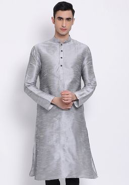 Sanwara - Men Silver Color Silk Blend Kurta