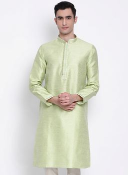 Sanwara - Men Light Green Color Silk Blend Kurta