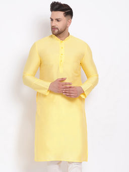Sanwara - Men Lemon Color Cotton Silk Kurta