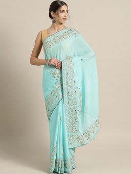 Geroo Jaipur - Handcrafted Blue Gorgette Saree