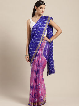 Geroo Jaipur - Hand Dyed Pink & Blue Bandhani Kota Silk Saree