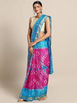 Geroo Jaipur - Hand Dyed Pink & Blue Bandhani Kota Silk Saree