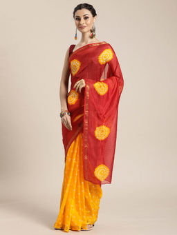 Geroo Jaipur - Hand Dyed Red & Yellow Bandhani Silk Saree