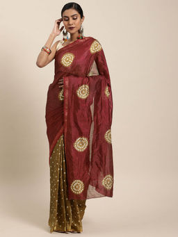 Geroo Jaipur - Hand Dyed Maroon & Olive Green Bandhani Silk Saree