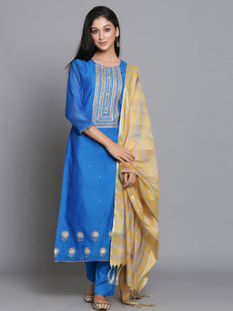 Biba - Turquoise Printed Unstitched Dress Material (Set of 3)