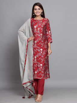 Biba - Red Printed Unstitched Dress Material (Set of 3)