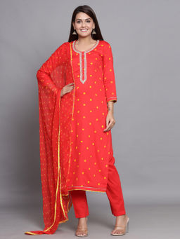 Biba - Red Printed Unstitched Dress Material (Set of 3)