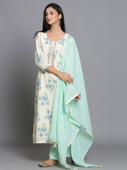 Biba - Beige Printed Unstitched Dress Material (Set of 3)