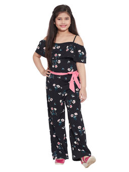 Stylo Bug - Girl Flower Printed Off Shoulder With Shoulder Straps Jumpsuit Black