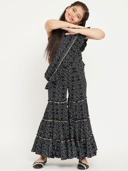 Stylo Bug - Hand Block Printed Round Neck Sleeveless Top with Sharara Black (Set of 2)