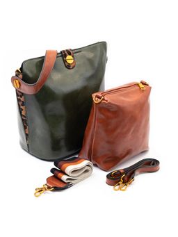 Visual Echoes - Green Trapezium Tote Bag And Detachable Belts With A Removable Zipped Pouch (Set of 4)