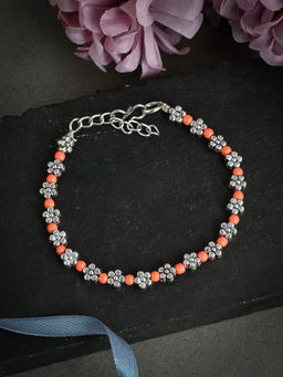 Silvermerc Designs - Orange Beads Silver Flower Anklet