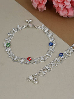 Silvermerc Designs - Silver Plated Set Of 2 Layered Tasselled Floral Anklet Payal