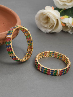 Silvermerc Designs - Faux Emerald Sapphire Ruby Diamond Designer Gold Kada Bangles (Pack of 2)