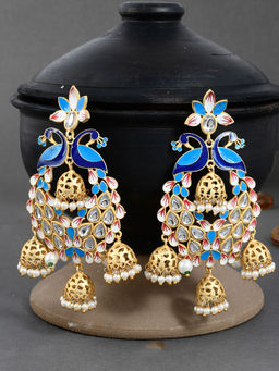 Silvermerc Designs - Gold Plated Traditional Blue Minakari Kundan & Pearls Jhumka Earrings