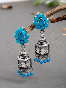 Silvermerc Designs - Blue Oxidized Silver Plated Stylish Jhumka Earrings