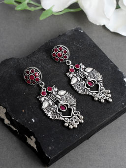 Silvermerc Designs - Oxidized Silver Plated Kundan Studded Chandbali Earrings For Women