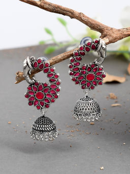 Silvermerc Designs - Pink Oxidized Silver Plated Peacock Jhumki Earrings