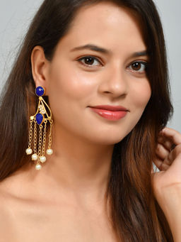 Silvermerc Designs - Gold Plated Khushi Pearl Blue Tassel Earrings