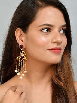 Silvermerc Designs - Gold Plated Gomti Pearl Dangler Maroon tassel Earrings