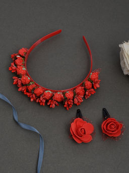 Silvermerc Designs - Red Floral Tiara Hairband With A Pair Of Matching Tic Tac Hairpin