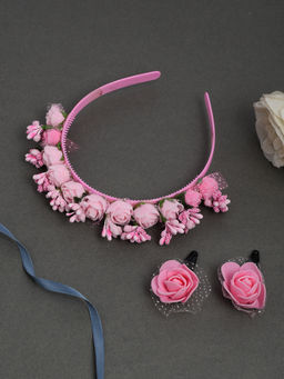 Silvermerc Designs - Pink Floral Tiara Hairband With A Pair Of Matching Tic Tac Hairpin