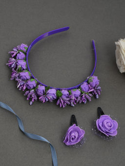 Silvermerc Designs - Purple Floral Tiara Hairband With A Pair Of Matching Tic Tac Hairpin
