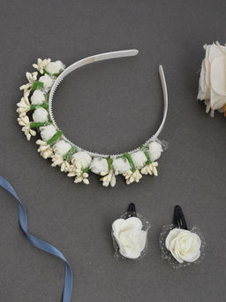 Silvermerc Designs - White Flower Tiara Hairband With A Pair Of Matching Tic Tac Hairpin