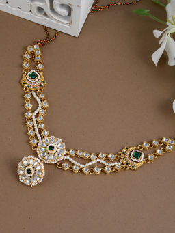 Silvermerc Designs - Gold-Plated Blue & White Pearl Studded Meenakari Matha Patti