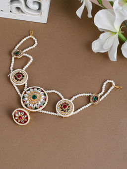 Silvermerc Designs - Gold-Plated White & Green Kundan & Pearl-Beaded Handcrafted Meenakari Matha Patti