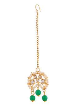 Silvermerc Designs - Gold-Plated White & Green Stone-Studded & Pearl-Beaded Maang Tikka