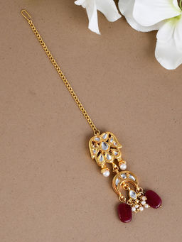 Silvermerc Designs - Gold-Plated Pink & White Kundan-Studded & Pearl Beaded Handcrafted Maang Tikka