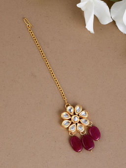 Silvermerc Designs - Gold-Plated White & Maroon Kundan-Studded & Beaded Handcrafted Maang Tika