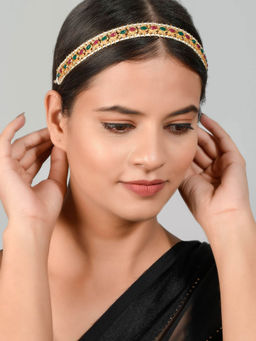 Silvermerc Designs - Traditional Gold plated Multicolor Mehri Headchain Mathapatti