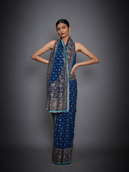 RI.Ritu Kumar - Blue Embroidered Saree With Unstitched Blouse