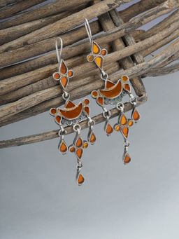 Neeta Boochra - Mirror Orange Glass Earring Are Handcrafted In Silver With Half-Moon & Leafs Design