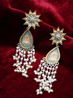 Neeta Boochra - Floral Design Earring Are Gold Plated Hand Painted Lord Ganesha With White Pearl