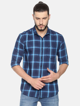 SHOWOFF - Cotton Navy Blue Checks Casual Slim Fit Shirt