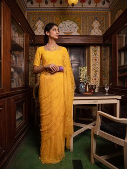 Geroo Luxe - Yellow Handcrafted Sequins Jaal Chiffon Saree