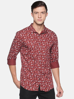 SHOWOFF - Men's Cotton Casual Maroon Printed Slim Fit Shirt
