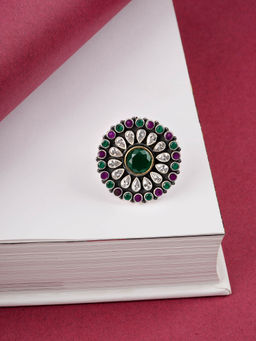 Neeta Boochra - Floral Design In This Ring Is Crafted in Multi-colour Gemstone With White Checker
