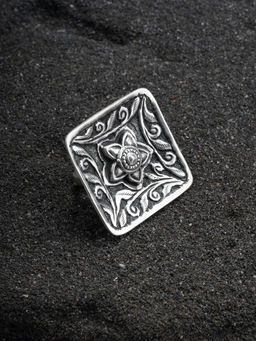Neeta Boochra - This Designer Ring Is Crafted In Oxidized Silver, Floral Design With Chitai Work