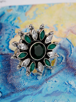 Neeta Boochra - This Rawa Ring Is Handcrafted In Silver, Floral Design With Green & White Checker