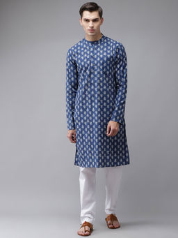 See Designs - Men Blue Pure Cotton Printed Regular Kurta With Pyjama (Set of 2)